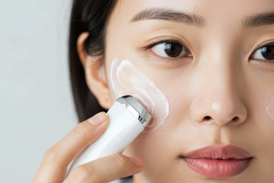 A girl using a device with her skin care.